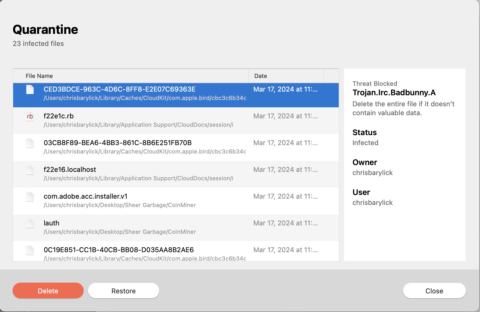 Quarantine and removal options in Total Defense Antivirus for Mac.